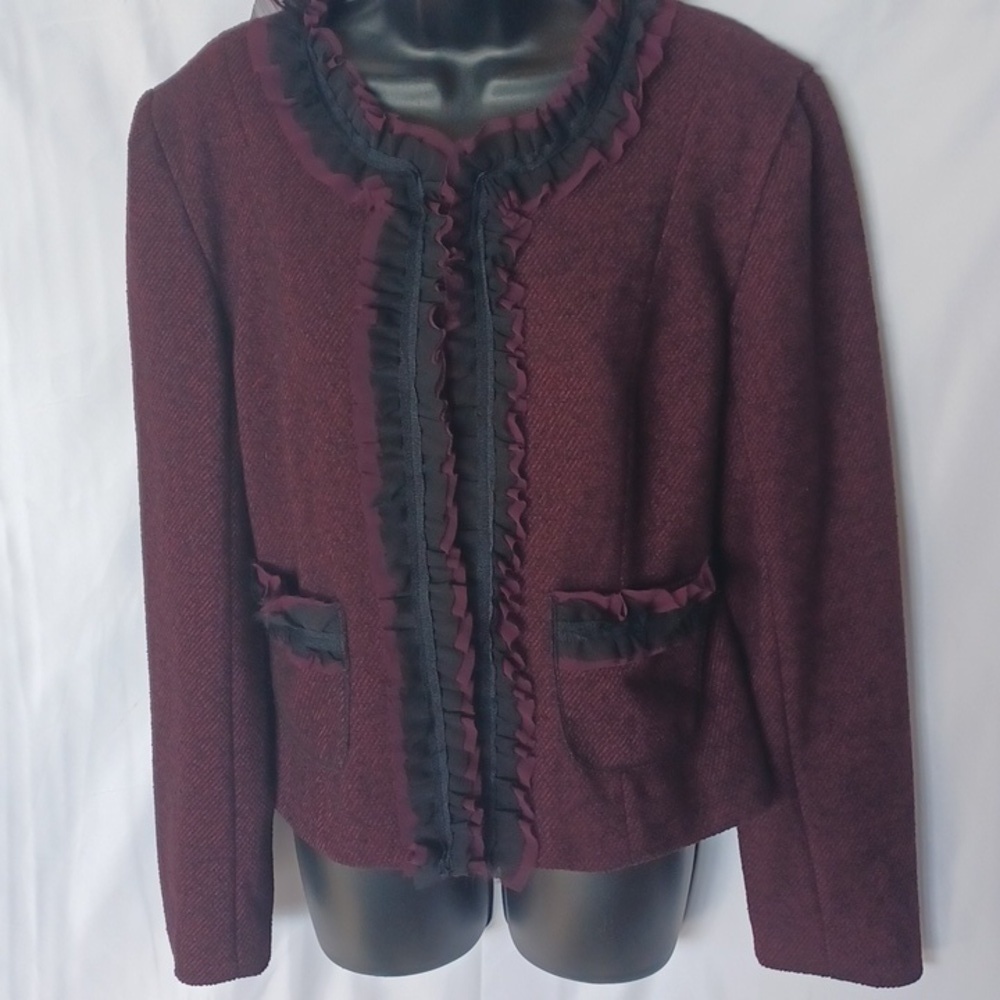 Spense Blazer Jacket Womens Large Burgundy Black Knit Lace Ruffle Pockets Lined